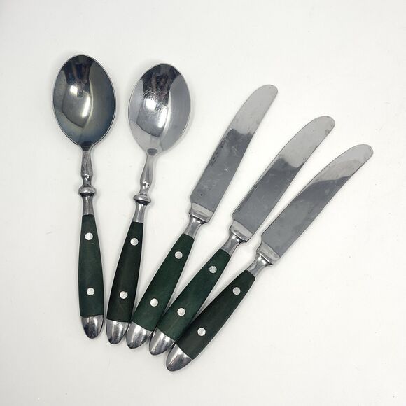 Hampton Silversmiths BISTRO GREEN Stainless 2 RIVETS 2 Table Spoons 3 Knives - Picture 1 of 8